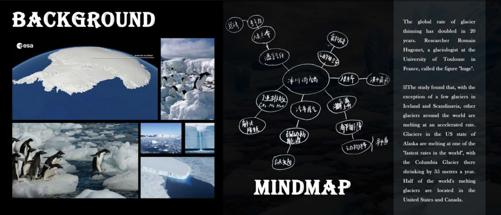 A display board about glacier thinning, featuring images of glaciers and penguins, and a mind map discussing melting rates and related research by Romain Hugonet.