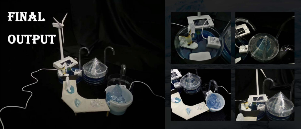 A model setup depicting a water filtration system with a wind turbine, tubes, and transparent containers. Four smaller images show different angles. Text reads "FINAL OUTPUT.