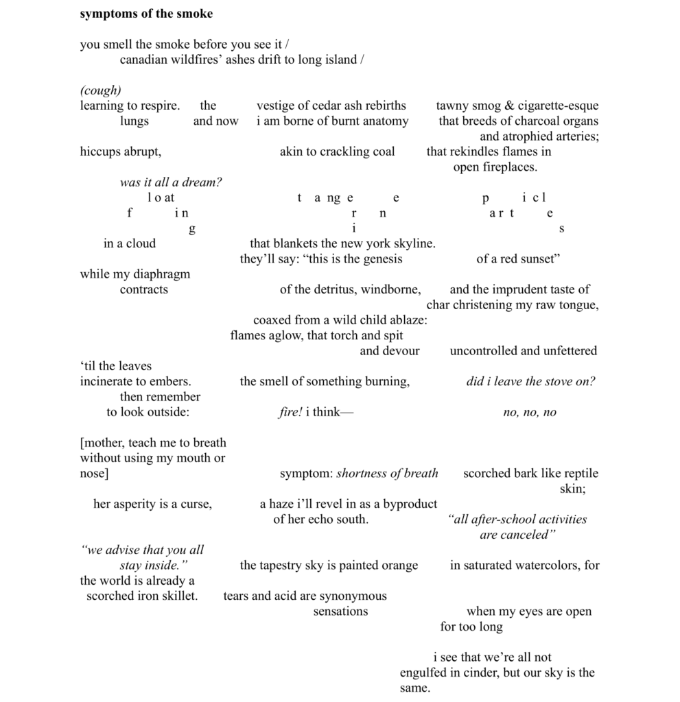 Text-based artwork with phrases mentioning smoke, breathing difficulties, cancer, and vivid imagery of flames, ash, and fire. Themes include health and environment.