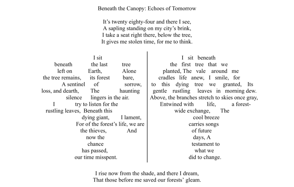 A poem titled "Beneath the Canopy: Echoes of Tomorrow" discusses themes of nature, loss, and renewal with vivid imagery of trees and environmental change.