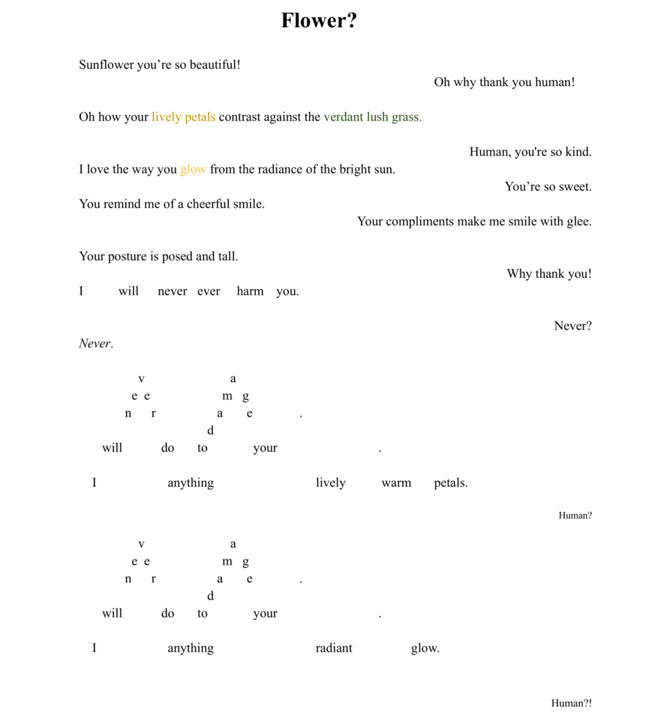 A poem titled "Flower?" with words scattered artistically, resembling flower petals. Phrases express admiration for a sunflower and appreciation from both the human and the sunflower.