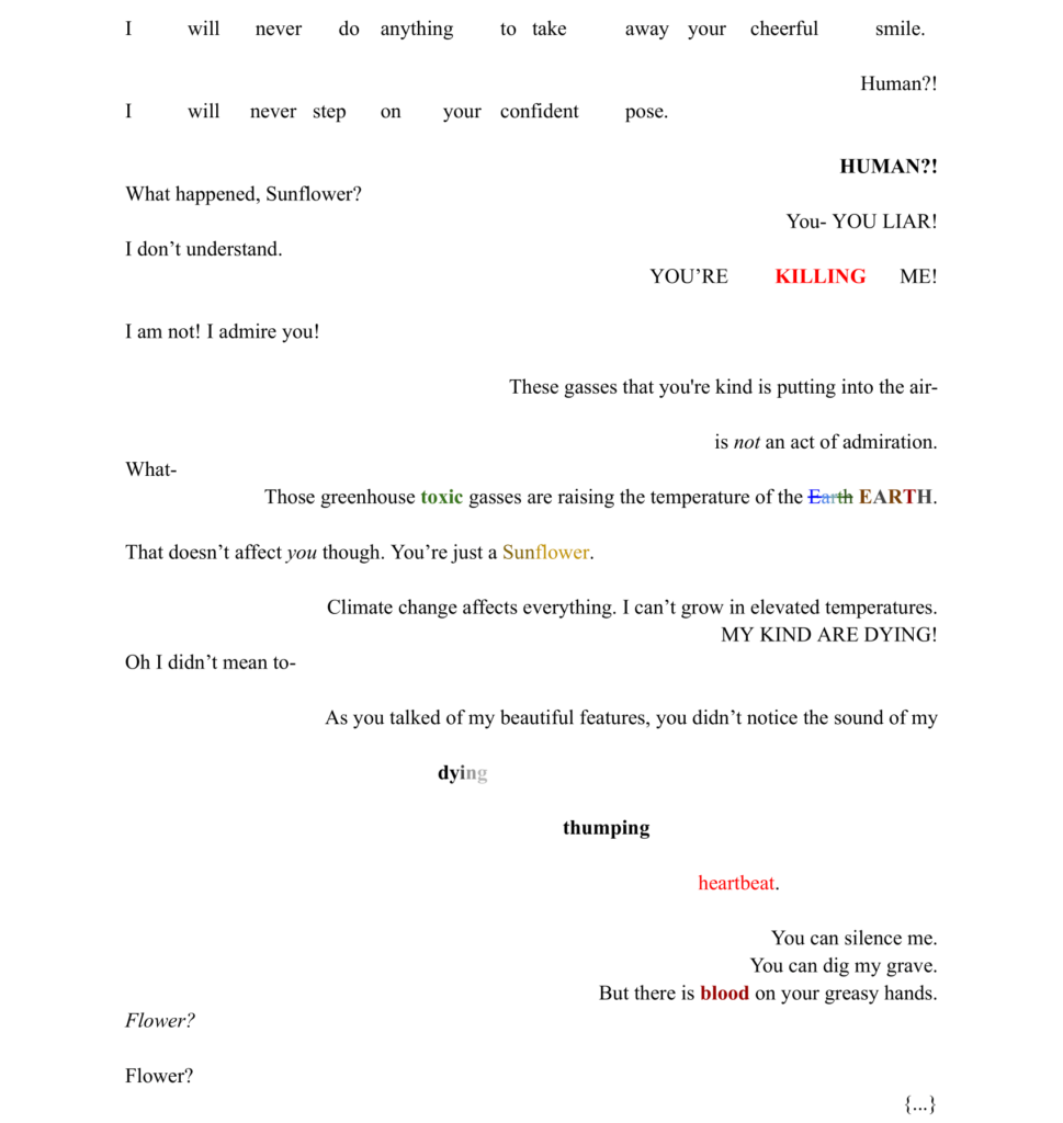 A dialogue-rich illustration with text about climate change and greenhouse gases, portraying a conversation between a human and a sunflower. Text is creatively arranged with emphasis on emotional responses.