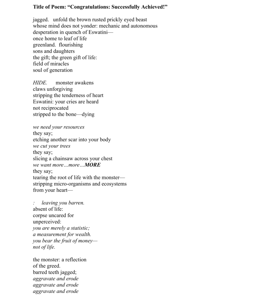 A typed poem titled "Congratulations: Successfully Achieved!" discusses themes of environmental destruction and loss, emphasizing humanity's impact on nature and ecosystems.