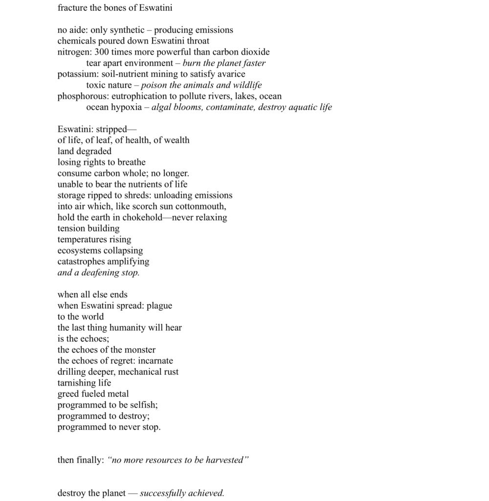 Text-heavy image depicting descriptions of environmental impacts and issues in Eswatini related to chemical pollution, soil alterations, and ocean ecology. Various nutrients and their effects are listed.
