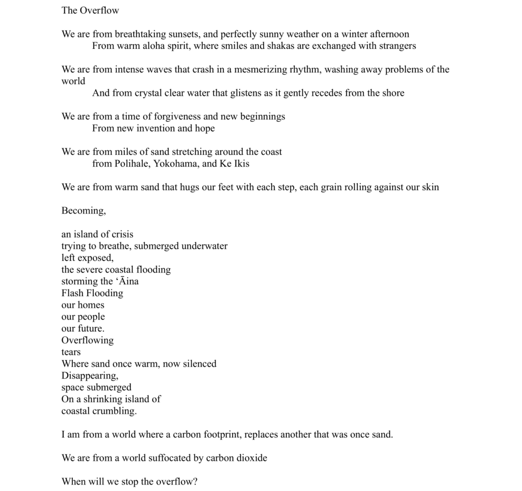 A poem titled "The Overflow" printed on paper, discussing environmental themes, natural beauty, and the consequences of climate change.