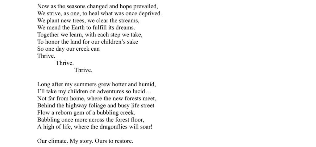 Text on a page focuses on themes of environmental restoration, hope, and future generations, with imagery of a thriving creek and a call to action for climate care.