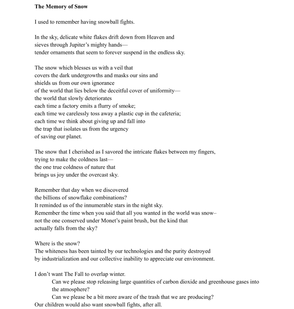 Typed text of a poem titled "The Memory of Snow" about snowfall, memories, and environmental concerns.