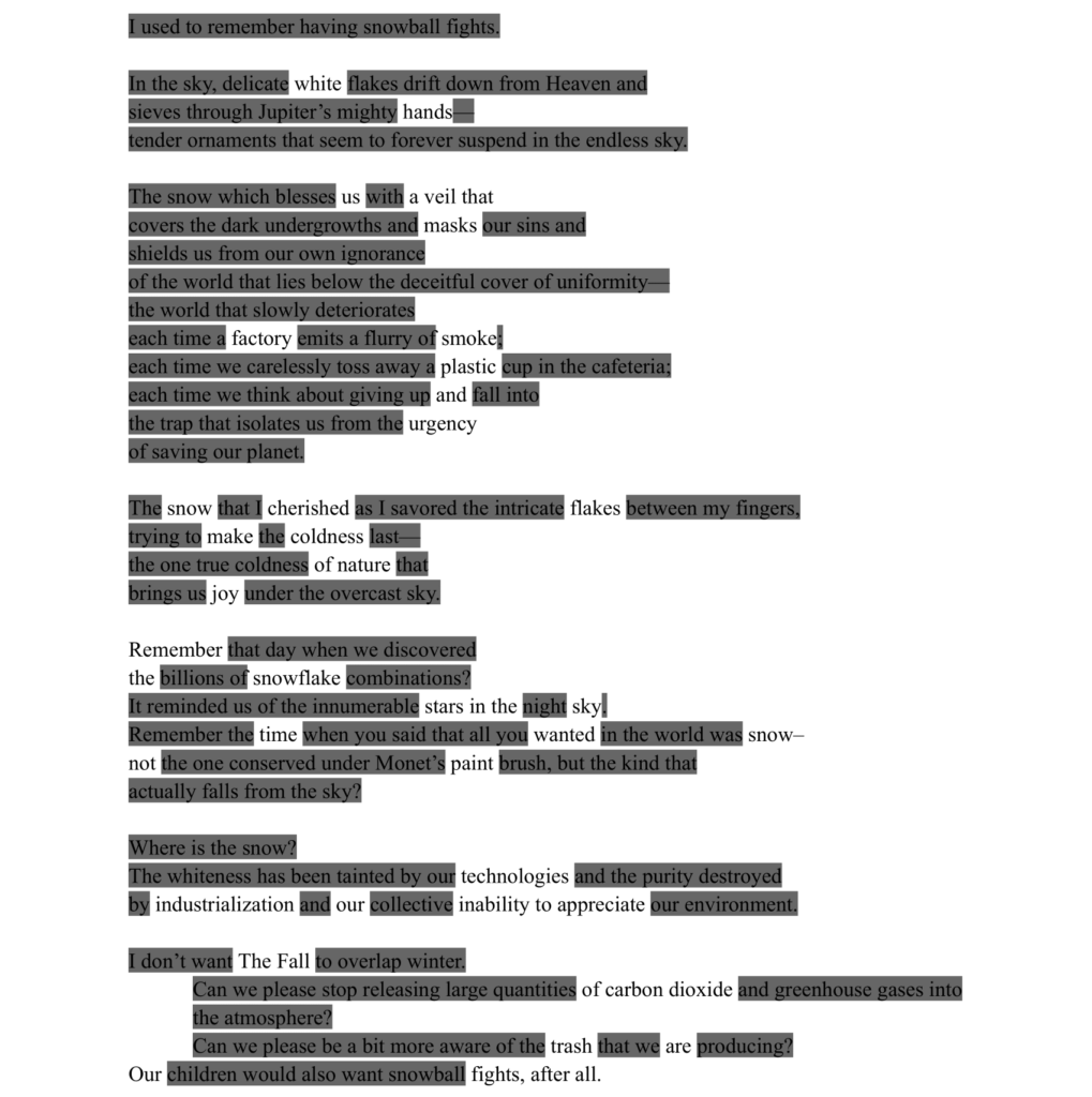 A collage of poems discussing themes of nature, industrialization, and environmental impact, with mentions of snow, pollution, and children's future.
